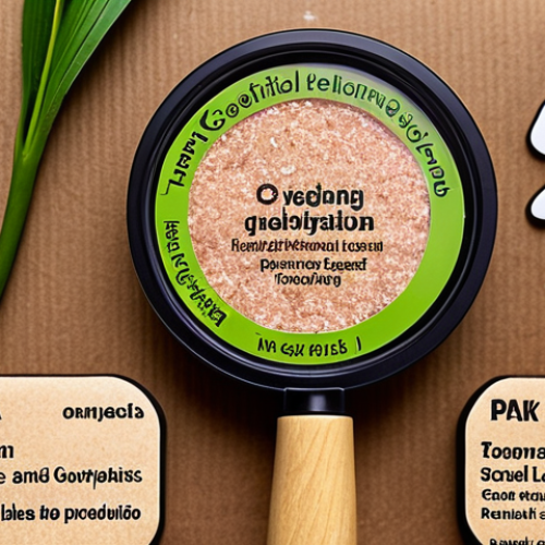 **

Prompt: Vegan cosmetics certification badges (Vegan Society, Leaping Bunny, PETA), displayed with a magnifying glass over an ingredient list. Focus on natural textures and vibrant, plant-based colors. Sustainable packaging elements visible (recycled cardboard, minimal plastic).

**