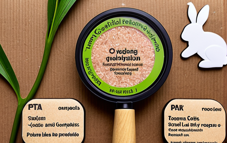 **

Prompt: Vegan cosmetics certification badges (Vegan Society, Leaping Bunny, PETA), displayed with a magnifying glass over an ingredient list. Focus on natural textures and vibrant, plant-based colors. Sustainable packaging elements visible (recycled cardboard, minimal plastic).

**