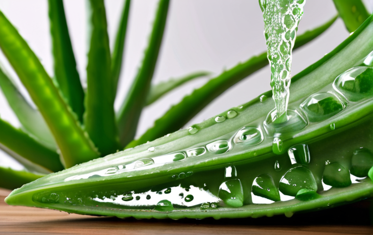 **  Soothing aloe vera plant with gel, demonstrating hydration and calming effect. Focus on natural skincare and relief for sensitive skin.

**