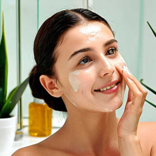 **

A radiant, healthy-looking Turkish woman applying vegan moisturizer to her face in a bright, modern bathroom. Focus on the natural glow of her skin. Include elements like aloe vera plants or other natural ingredients visible in the background to emphasize the "natural" aspect. The overall tone should be fresh and inviting, conveying the message of healthy skin through natural ingredients.

**