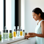 A sophisticated woman in a modest, professional dress is gently applying a vegan facial serum to her glowing skin, with a serene and satisfied expression. She stands in a brightly lit, clean, minimalist vanity area with soft, diffused natural light coming through a window. Several sleekly designed vegan cosmetic bottles and jars are visible on the counter beside her. The atmosphere is calm and pure, emphasizing high-quality personal care.