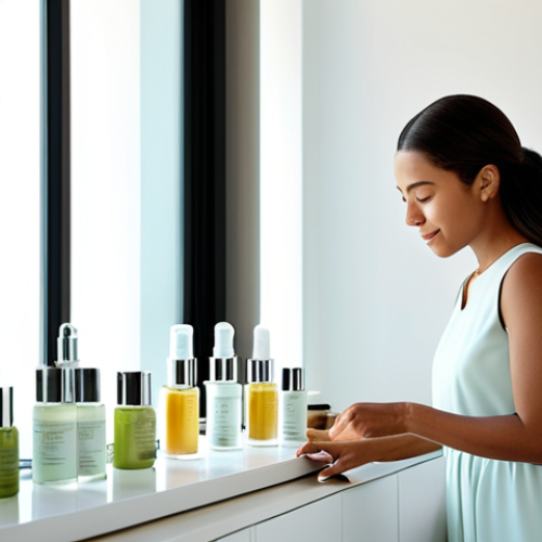 A sophisticated woman in a modest, professional dress is gently applying a vegan facial serum to her glowing skin, with a serene and satisfied expression. She stands in a brightly lit, clean, minimalist vanity area with soft, diffused natural light coming through a window. Several sleekly designed vegan cosmetic bottles and jars are visible on the counter beside her. The atmosphere is calm and pure, emphasizing high-quality personal care.