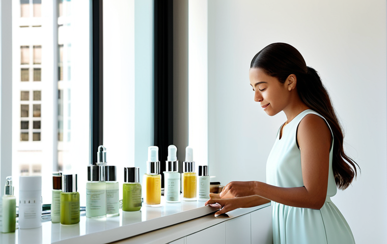 A sophisticated woman in a modest, professional dress is gently applying a vegan facial serum to her glowing skin, with a serene and satisfied expression. She stands in a brightly lit, clean, minimalist vanity area with soft, diffused natural light coming through a window. Several sleekly designed vegan cosmetic bottles and jars are visible on the counter beside her. The atmosphere is calm and pure, emphasizing high-quality personal care.