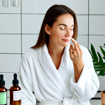 Natural Skincare Routine**

"A woman with a clear complexion is applying a plant-based serum to her face in a brightly lit bathroom, surrounded by bottles of vegan skincare products with labels emphasizing 'natural' and 'organic.' She is fully clothed in a modest bathrobe. Background includes green plants and a minimalist design. Safe for work, appropriate content, fully clothed, professional, perfect anatomy, correct proportions, well-formed hands, proper finger count, natural pose, high quality, family-friendly."

**