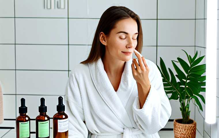 Natural Skincare Routine**

"A woman with a clear complexion is applying a plant-based serum to her face in a brightly lit bathroom, surrounded by bottles of vegan skincare products with labels emphasizing 'natural' and 'organic.' She is fully clothed in a modest bathrobe. Background includes green plants and a minimalist design. Safe for work, appropriate content, fully clothed, professional, perfect anatomy, correct proportions, well-formed hands, proper finger count, natural pose, high quality, family-friendly."

**