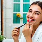 비건 화장품으로 자연스럽게 아름다워지기 - **

A smiling Turkish woman applying vegan lipstick in a bright, modern bathroom. The background fea...