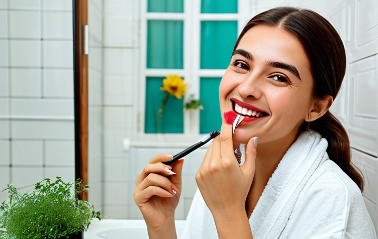 비건 화장품으로 자연스럽게 아름다워지기 - **

A smiling Turkish woman applying vegan lipstick in a bright, modern bathroom. The background fea...